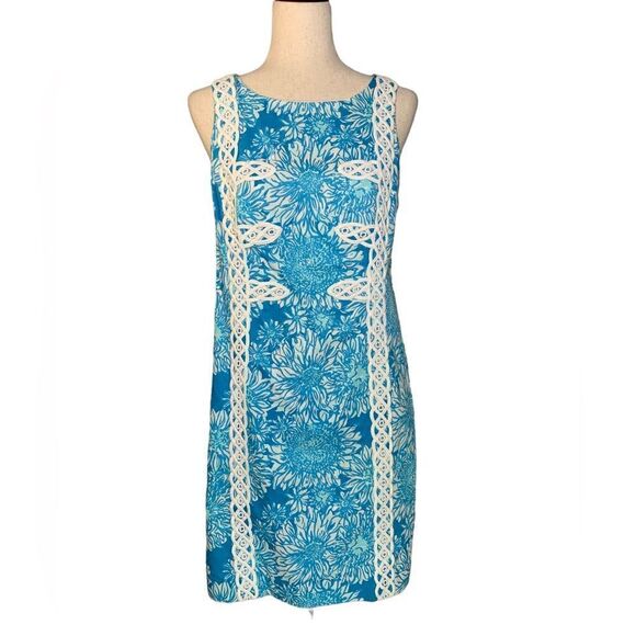 Lilly Pulitzer Blue Sunflower Floral  Embroidered Mini Shift Dress | Size 10 - Picture 1 of 9